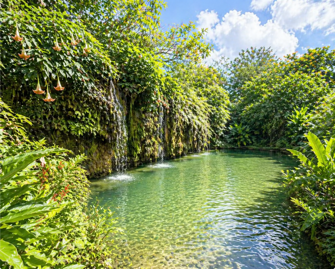 Natural swimming pool with lush vegetation and waterfall — amenity inspiration