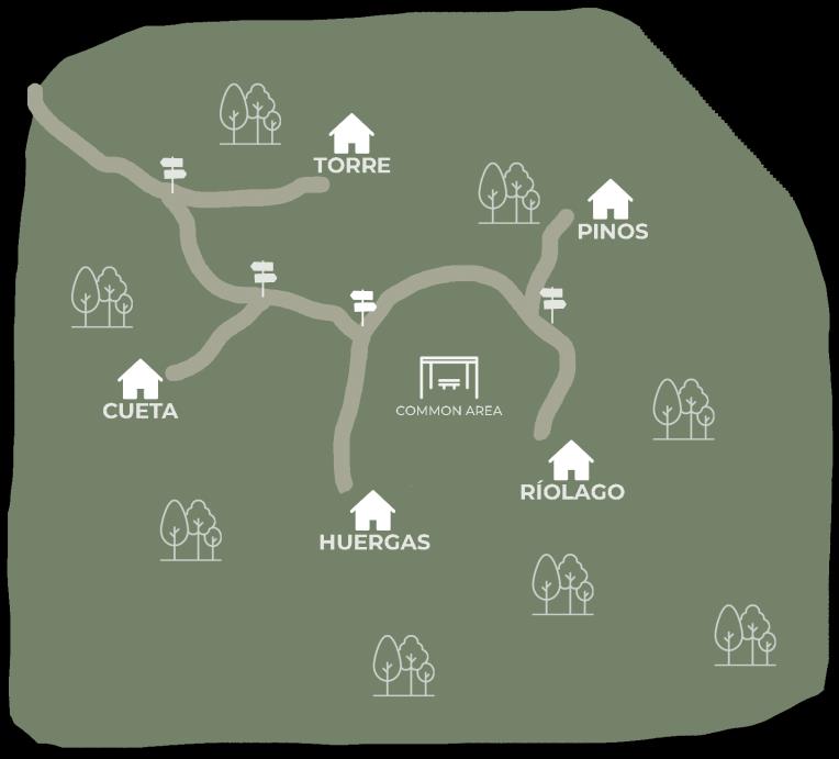 Stay in Babia property layout — cabins, trails, and common area
