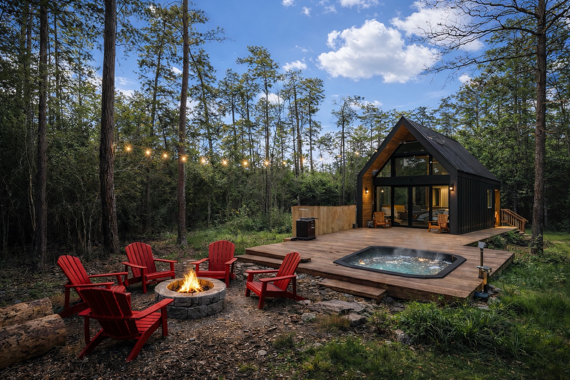 Stay in Babia &mdash; fire pit, hot tub, string lights, A-frame cabin at dusk, Montgomery TX
